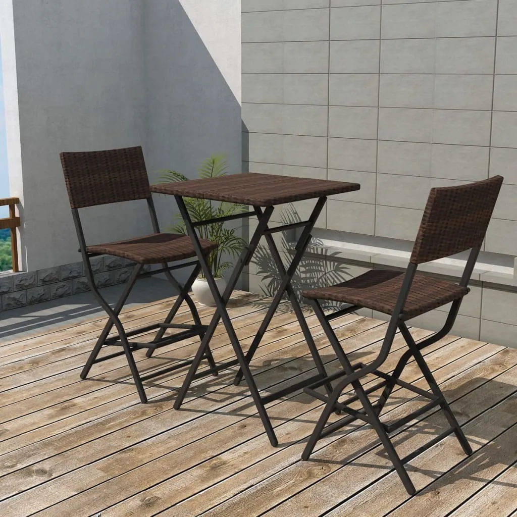 3 Piece Folding Bistro Set Steel Poly Rattan Brown