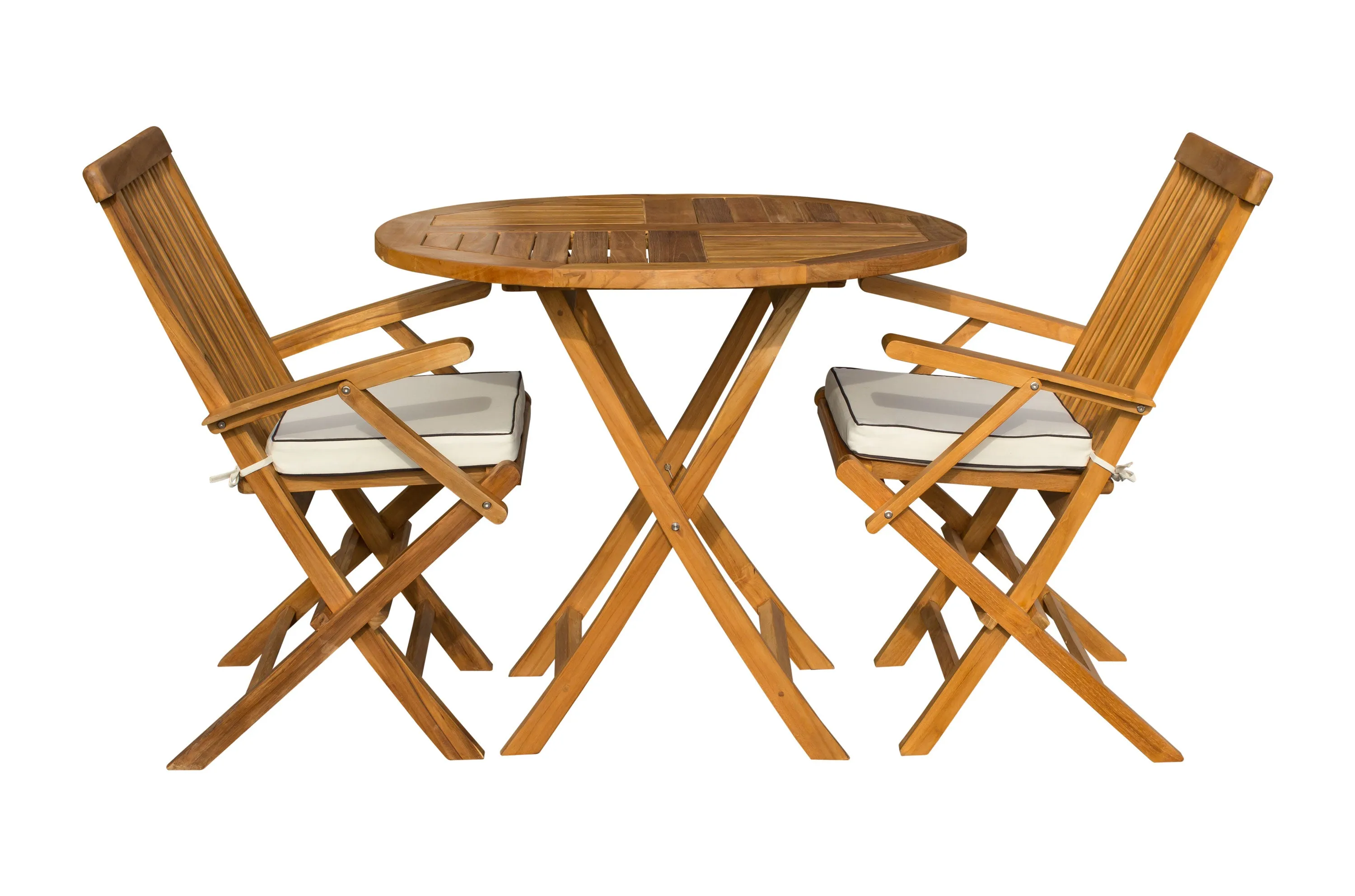 3 Piece Teak Wood California Patio Dining Set, 36" Round Folding Table with 2 Folding Arm Chairs