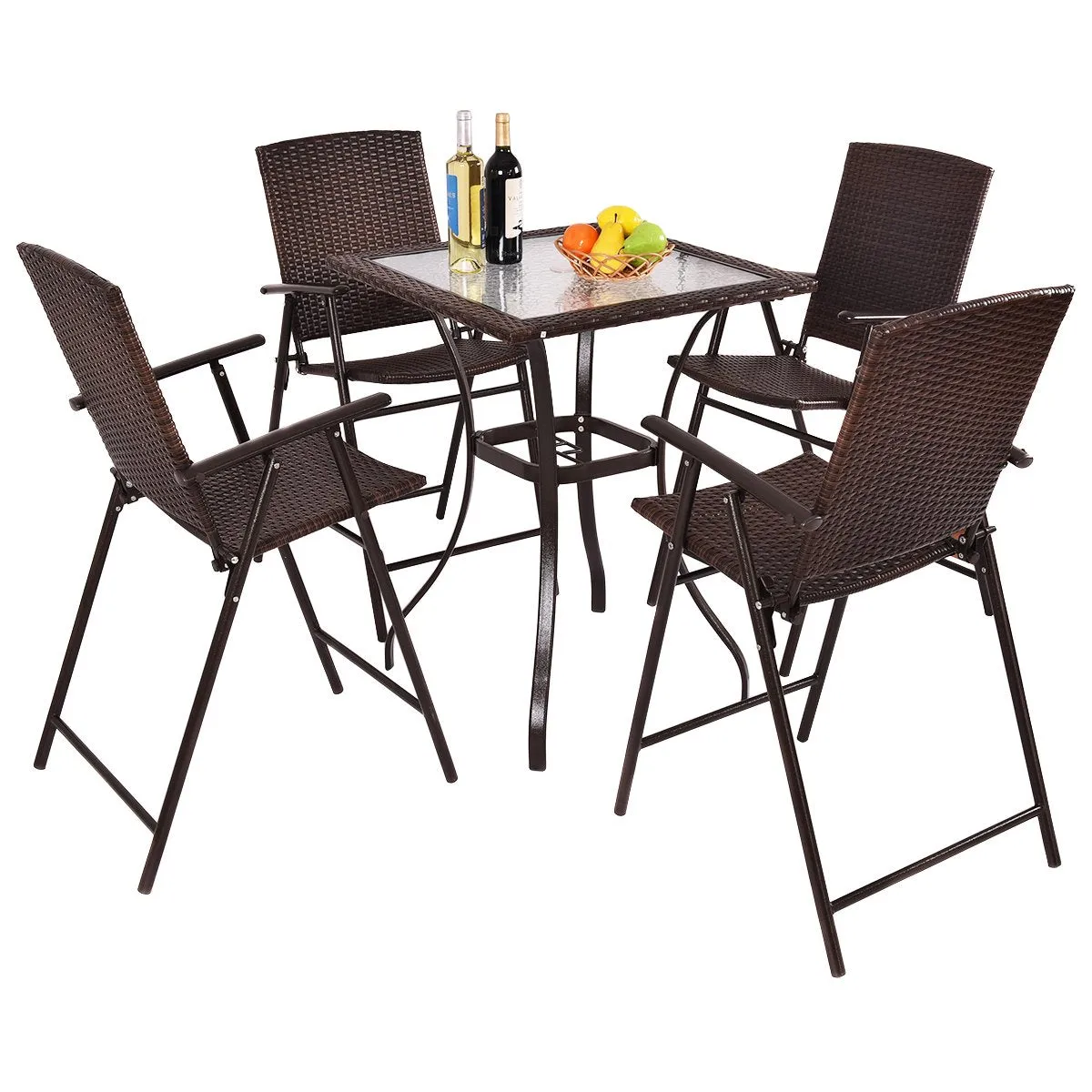 5 Pcs Patio Furniture Set Square Bar Glass Top Table and 4 Folding Chairs Wicker Outdoor