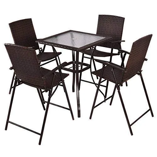 5 Pcs Patio Furniture Set Square Bar Glass Top Table and 4 Folding Chairs Wicker Outdoor