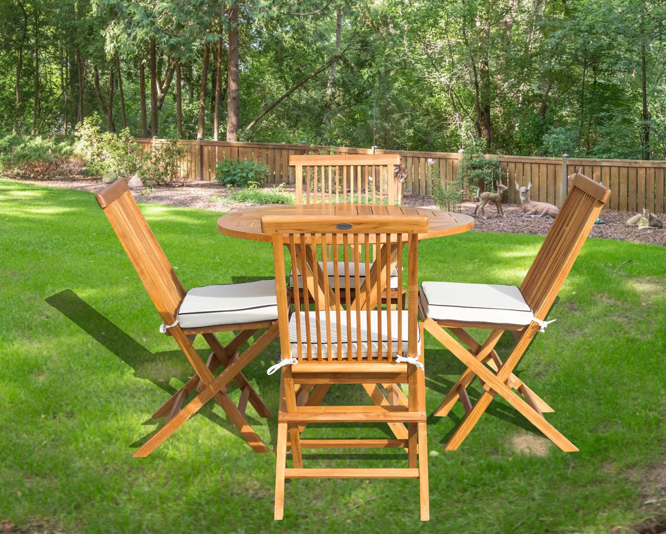 5 Piece Teak Wood California Dining Set with 47" Round Folding Table and 4 Folding Side Chairs