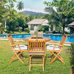 5 Piece Teak Wood Santa Barbara Patio Dining Set, 47" Round Folding Table with 4 Folding Arm Chairs