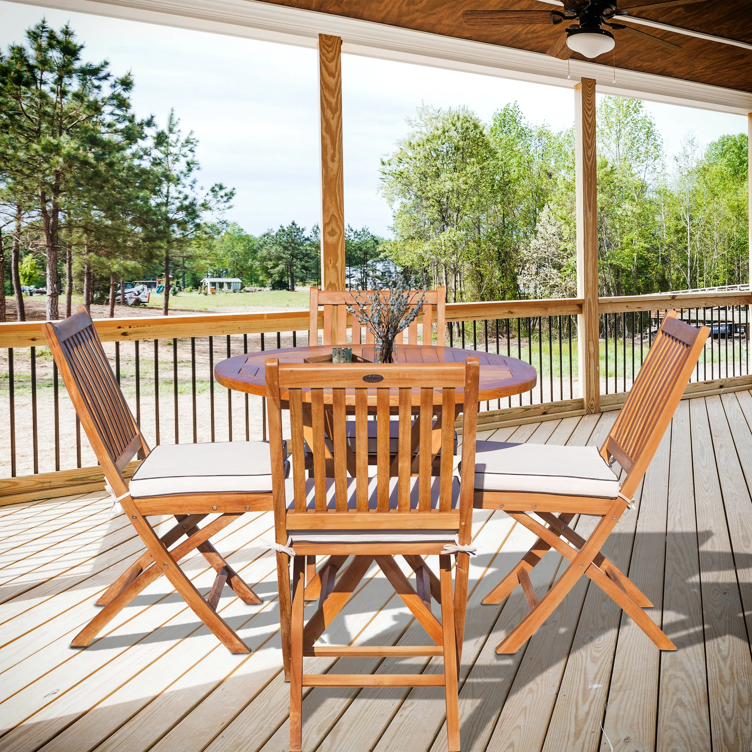 5 Piece Teak Wood Santa Barbara Patio Dining Set, 47" Round Folding Table with 4 Folding Side Chairs