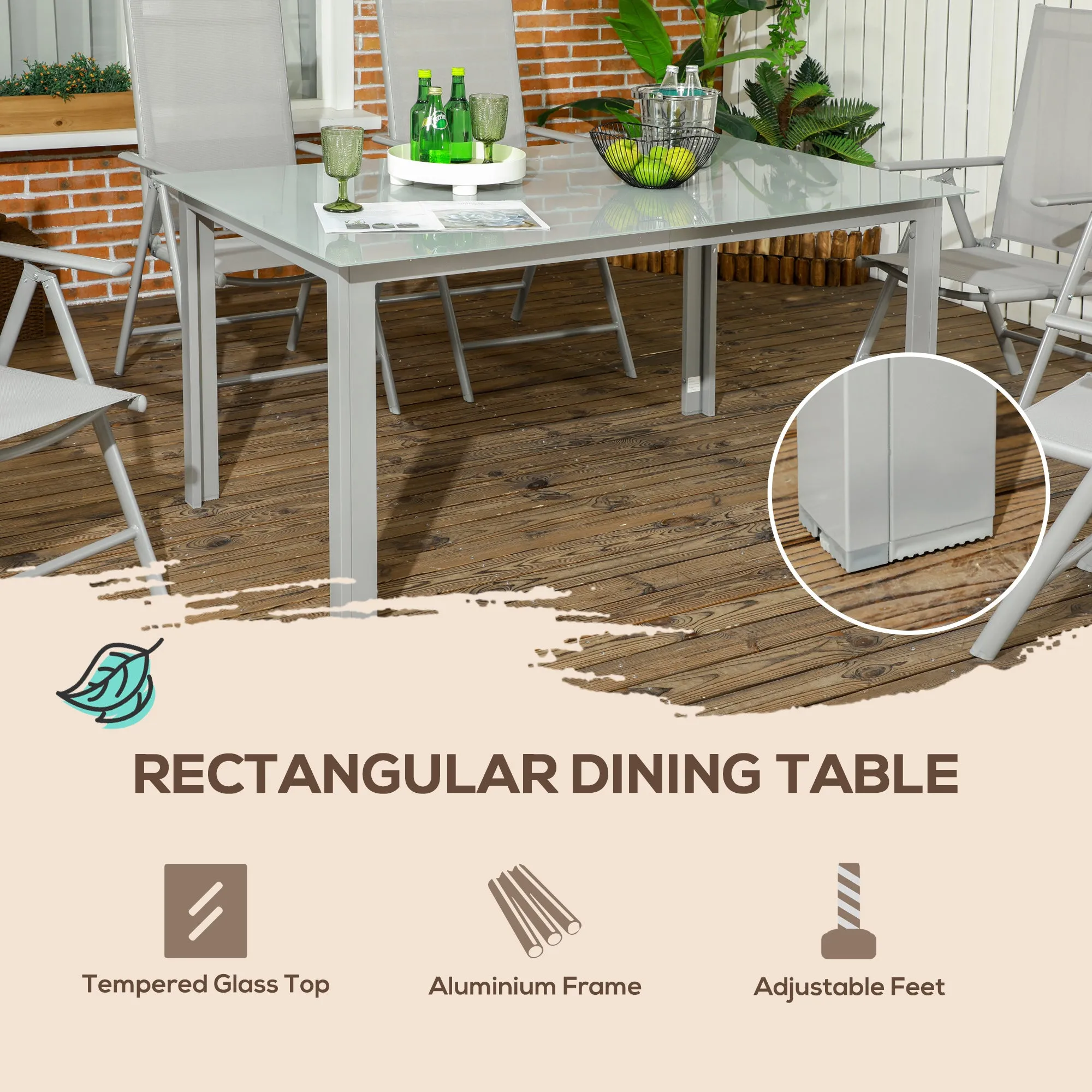 7 Piece Garden Dining Set, Outdoor Table and 6 Folding and Reclining Chairs, Aluminium Frame, Tempered Glass Top Table, Texteline Seats, Grey