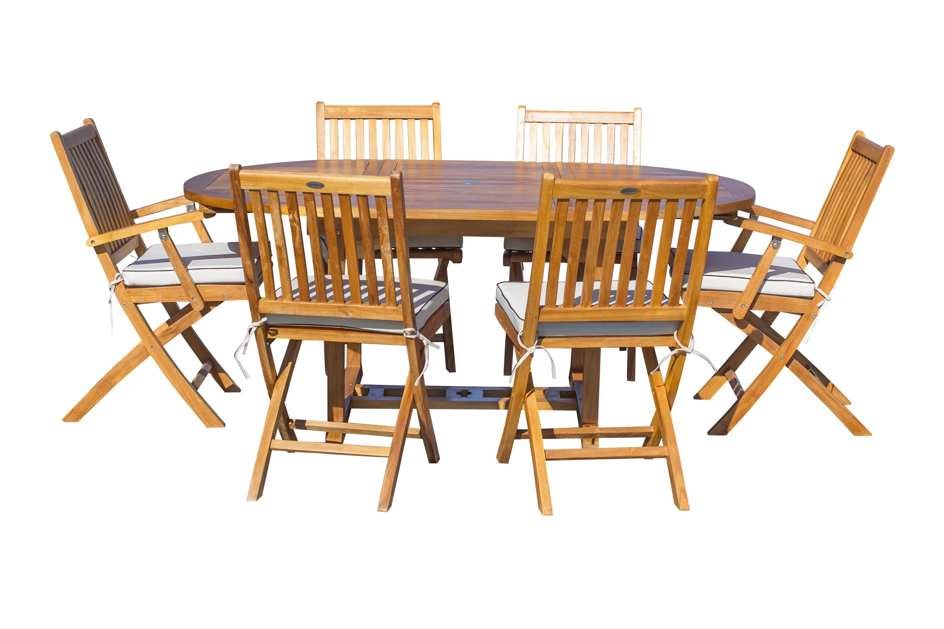 7 Piece Teak Wood Santa Barbara Patio Dining Set with Round to Oval Extension Table, 2 Arm Chairs and 4 Side Chairs with Cushions