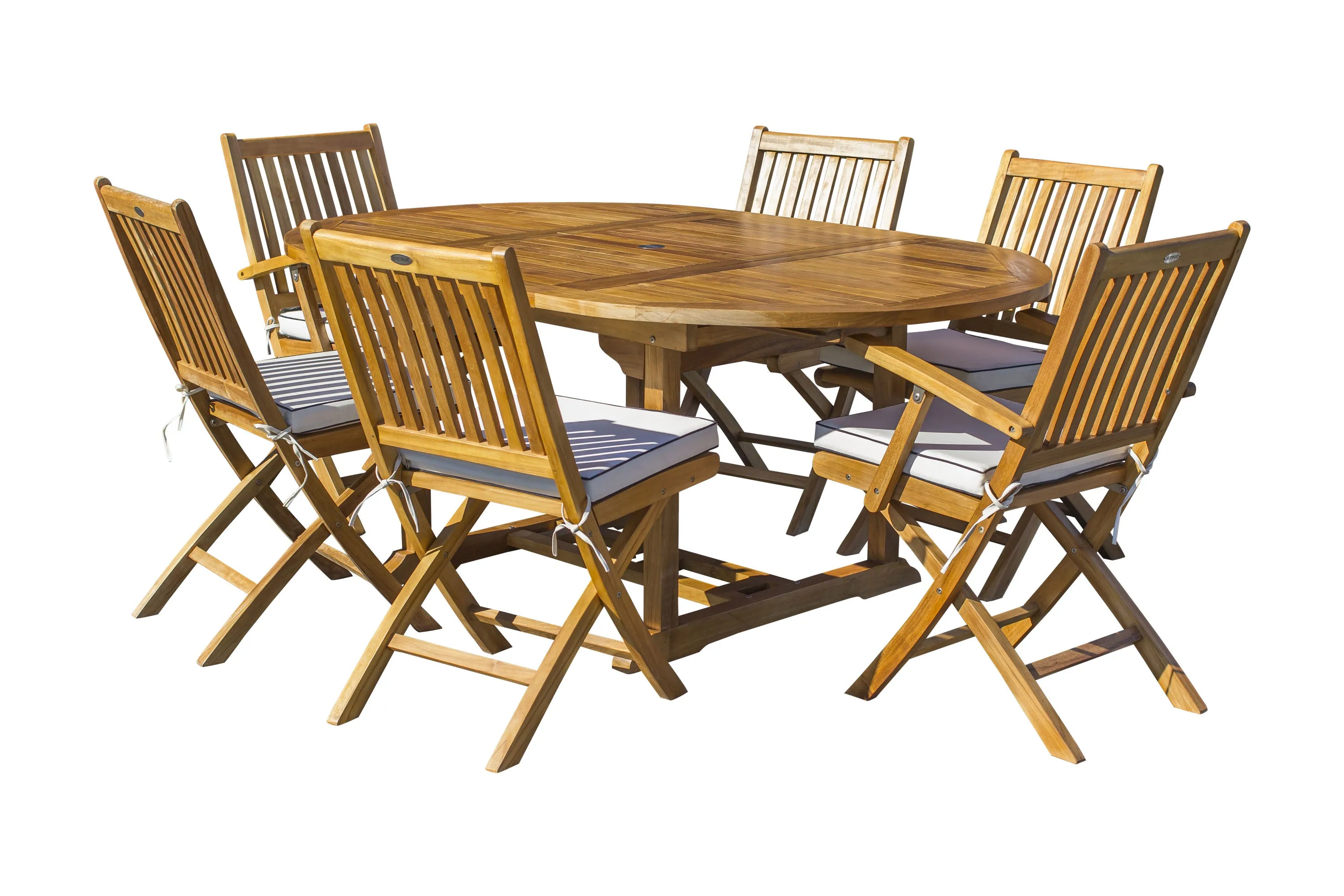 7 Piece Teak Wood Santa Barbara Patio Dining Set with Round to Oval Extension Table, 2 Arm Chairs and 4 Side Chairs with Cushions