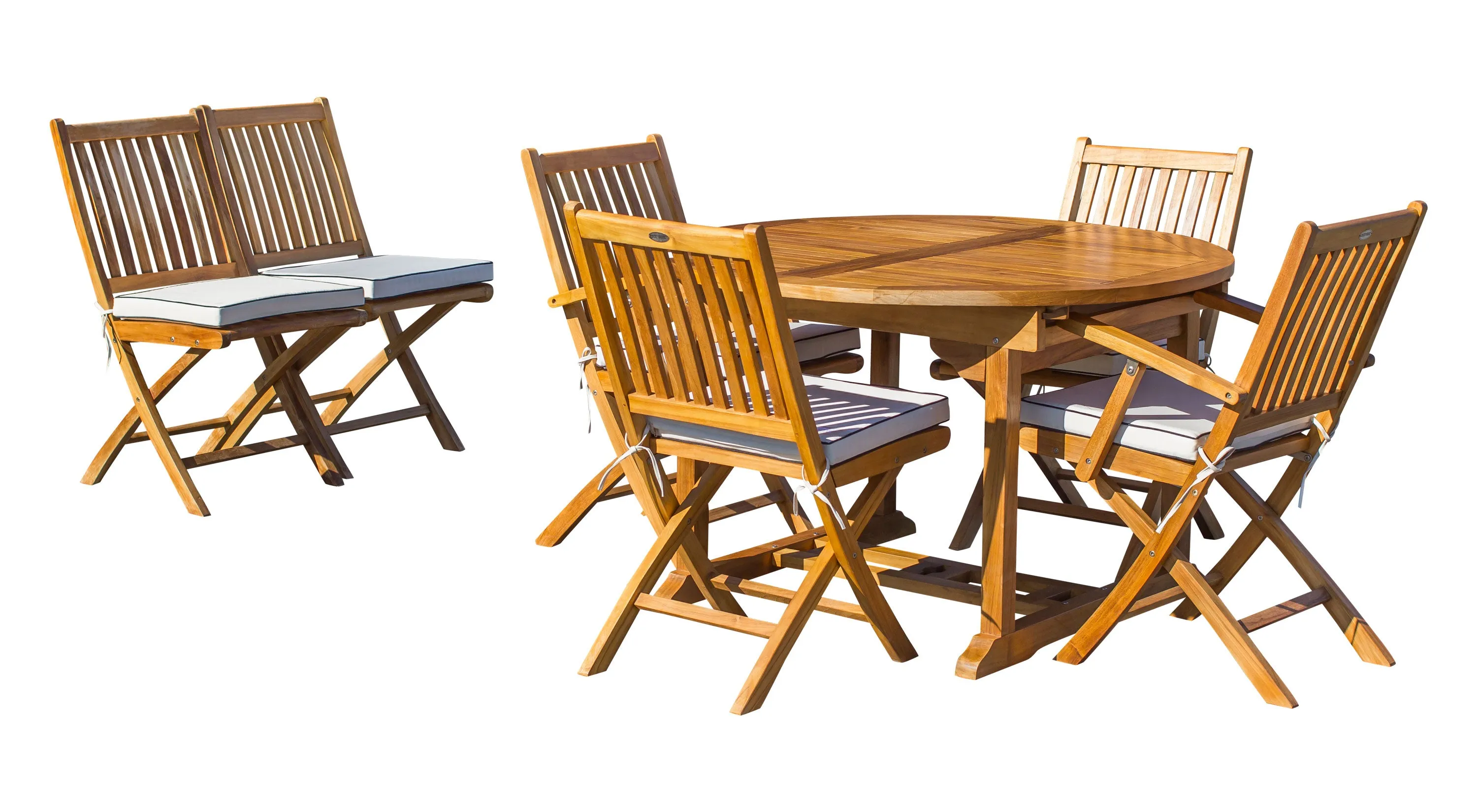 7 Piece Teak Wood Santa Barbara Patio Dining Set with Round to Oval Extension Table, 2 Arm Chairs and 4 Side Chairs with Cushions