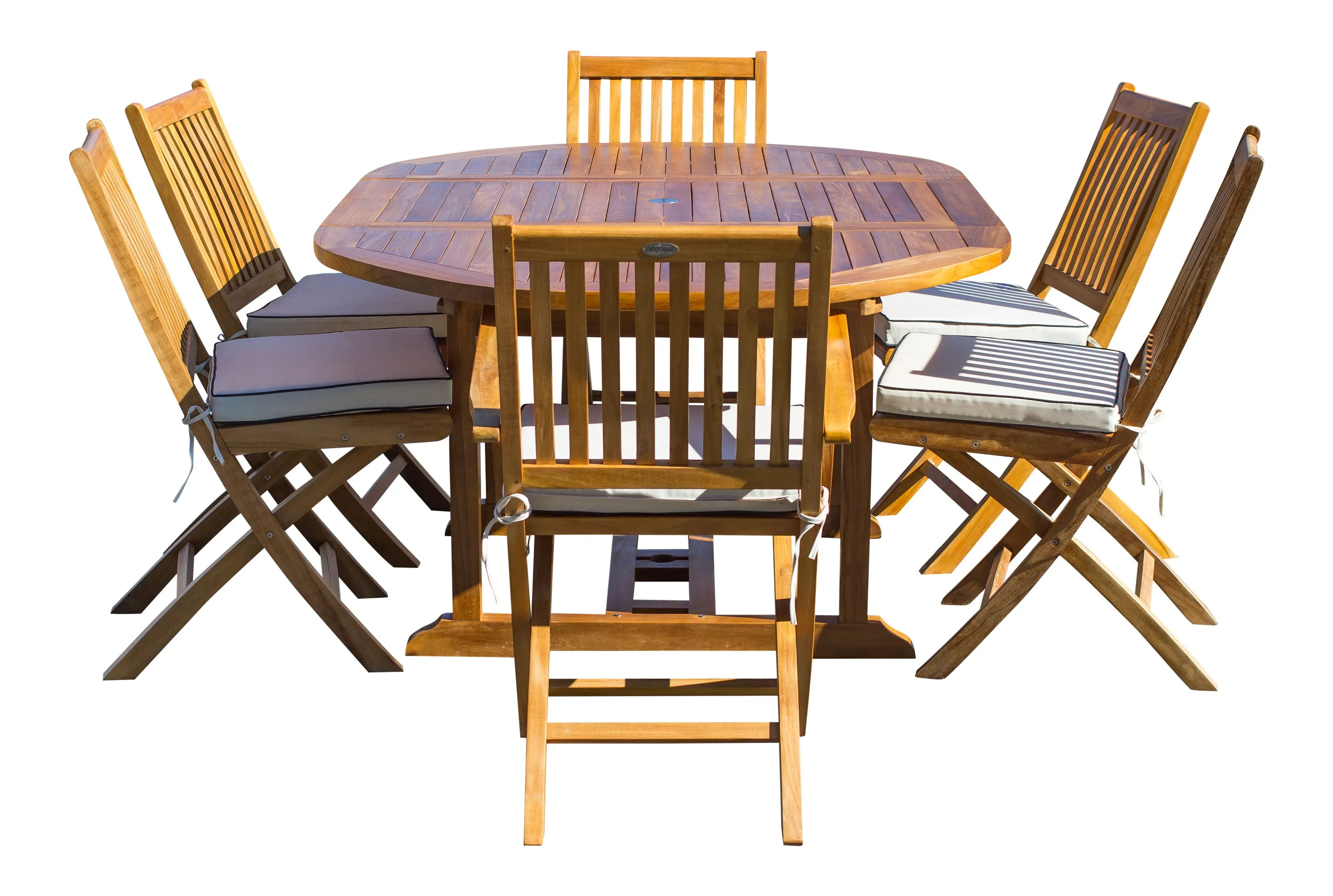 7 Piece Teak Wood Santa Barbara Patio Dining Set with Round to Oval Extension Table, 2 Arm Chairs and 4 Side Chairs with Cushions