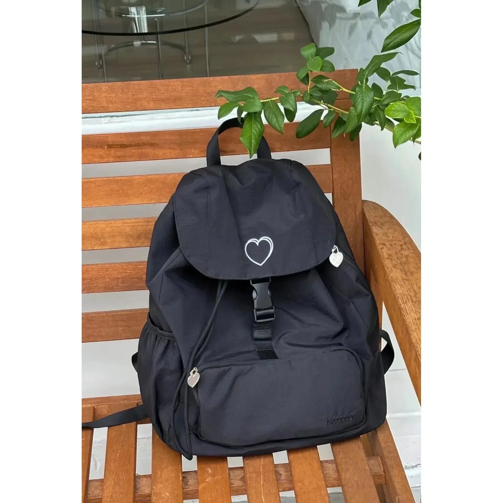 Black Travel Flap Backpacks for Women Korean Heart Printing College School Laptop Women Backpack Y2k Nylon Girls Backpack