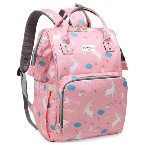 Bumtum Baby Diaper Bag for Mothers | Spacious Waterproof Backpack with Multiple Pockets to Easily Organise Baby Essentials, Various Sized Pockets (Unicon Print, Pink)