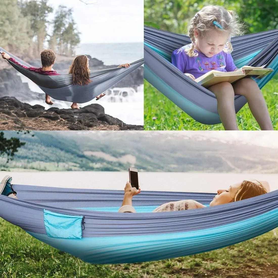 Camping Hammock Portable Nylon Hammocks with Tree Straps Single Lightweigtht Hammock Swing for Outdoors, Backpacking, Camping, Travel, Beach, Garden, Breathable & Quick Drying Parachute