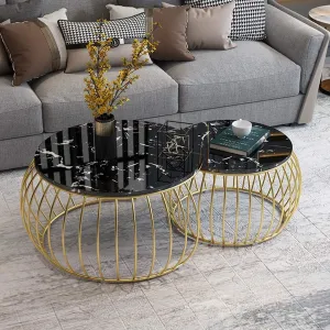 Dream Arts 2 Piece Round Coffee Table Home Decor Tea Table Nesting Stacking Center Table with Water-Proof Laminated Marbled Tabletops for Living Room, Bedroom or Apartments (Gold Black)