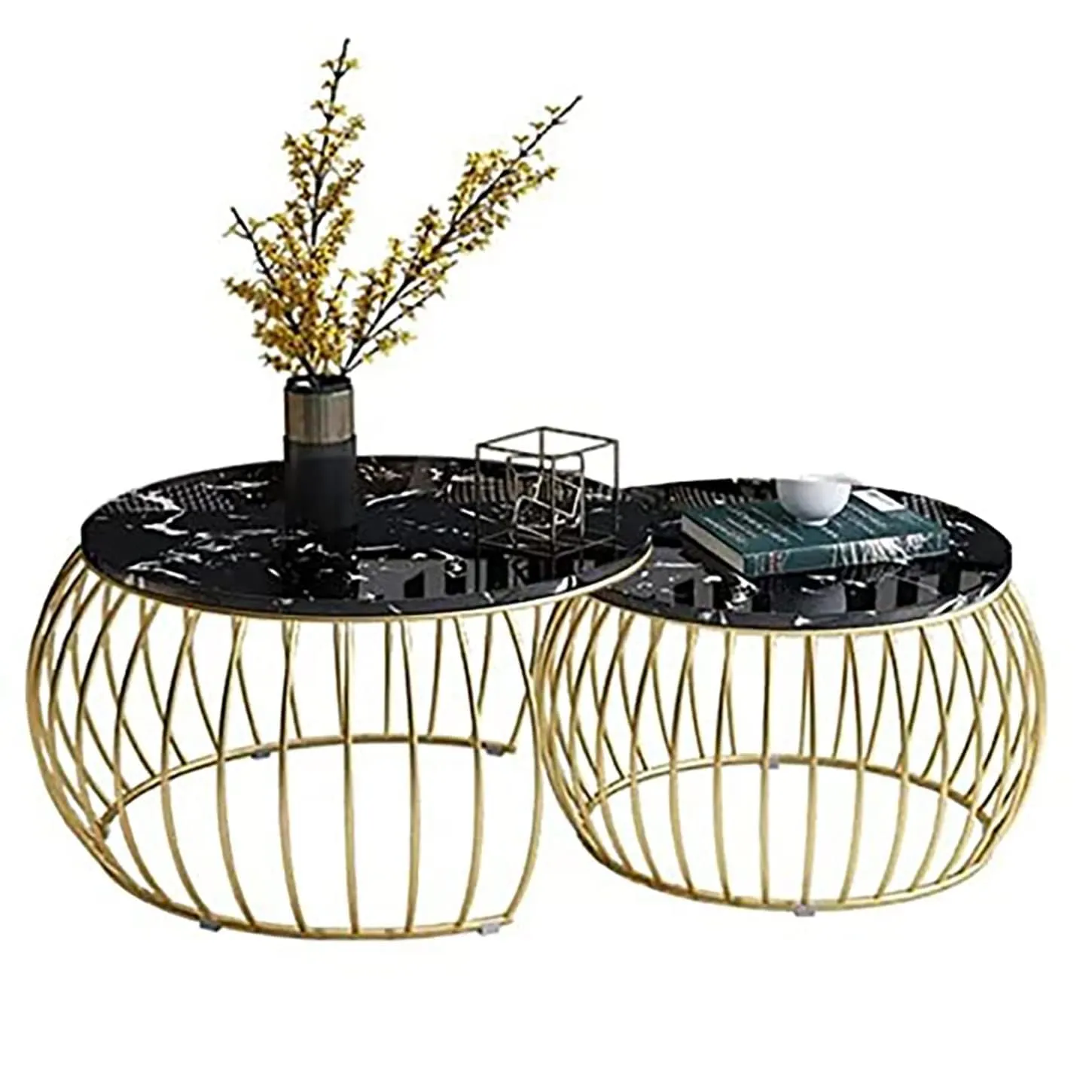 Dream Arts 2 Piece Round Coffee Table Home Decor Tea Table Nesting Stacking Center Table with Water-Proof Laminated Marbled Tabletops for Living Room, Bedroom or Apartments (Gold Black)