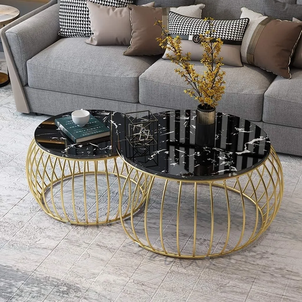 Dream Arts 2 Piece Round Coffee Table Home Decor Tea Table Nesting Stacking Center Table with Water-Proof Laminated Marbled Tabletops for Living Room, Bedroom or Apartments (Gold Black)