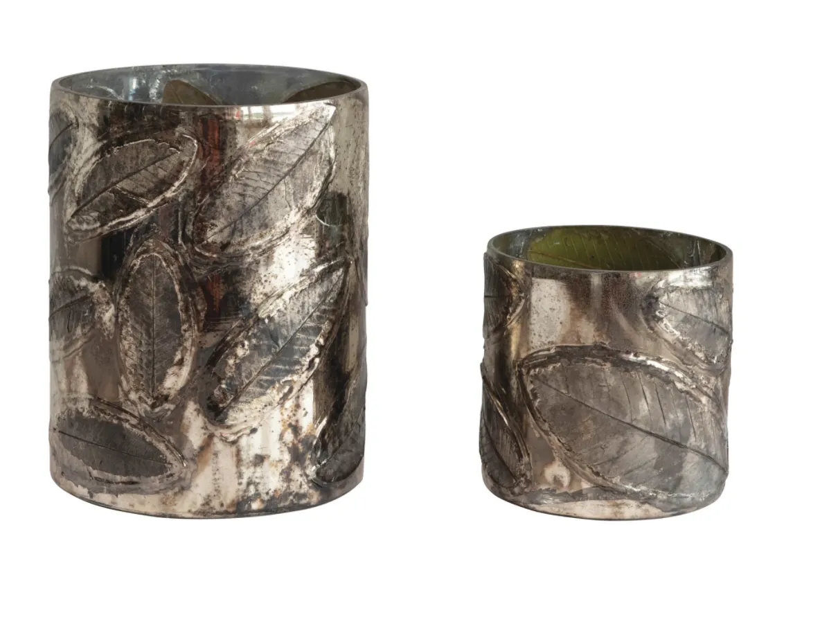 Embossed Mercury Glass Candle Holder with Leaves