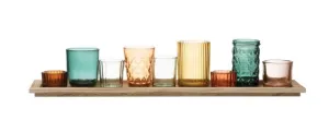 Glass Candle Holder w/ Wood Tray Set