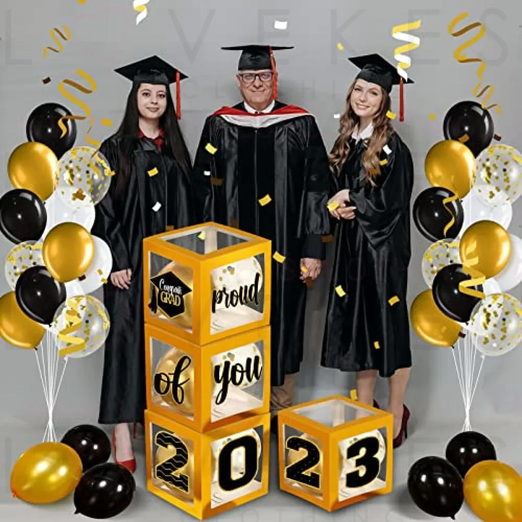 Graduation Box Decorations with Balloon and LED Light Strings Congrats 2023 Grad Party Supplies Proud of You Balloon Boxes for Class of 2023 School College Party Decor, 44 Pieces (Gold)