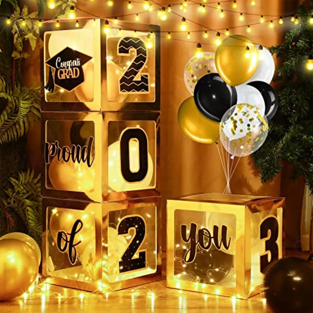 Graduation Box Decorations with Balloon and LED Light Strings Congrats 2023 Grad Party Supplies Proud of You Balloon Boxes for Class of 2023 School College Party Decor, 44 Pieces (Gold)