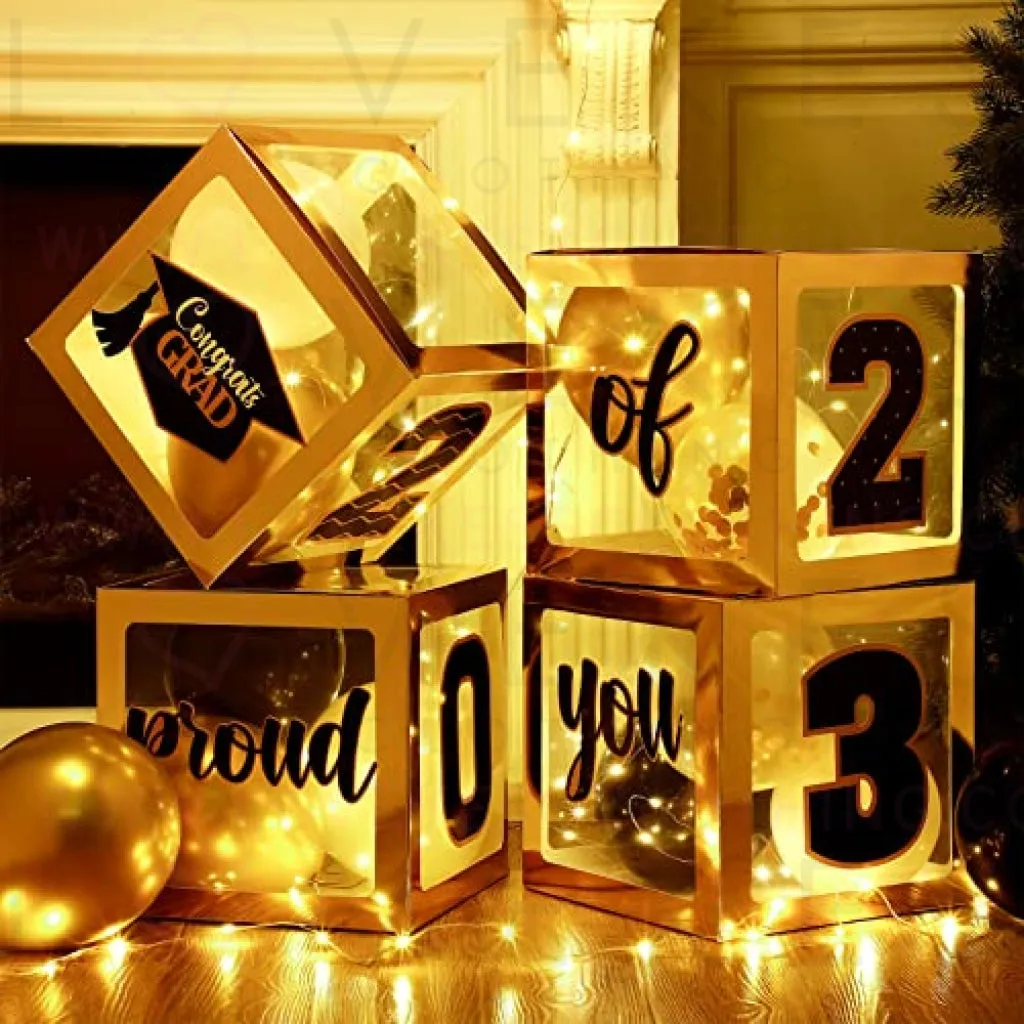 Graduation Box Decorations with Balloon and LED Light Strings Congrats 2023 Grad Party Supplies Proud of You Balloon Boxes for Class of 2023 School College Party Decor, 44 Pieces (Gold)