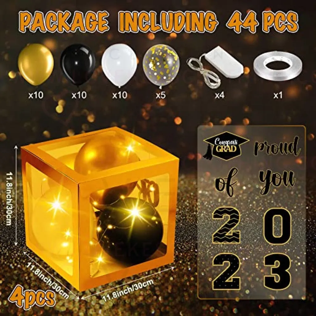 Graduation Box Decorations with Balloon and LED Light Strings Congrats 2023 Grad Party Supplies Proud of You Balloon Boxes for Class of 2023 School College Party Decor, 44 Pieces (Gold)