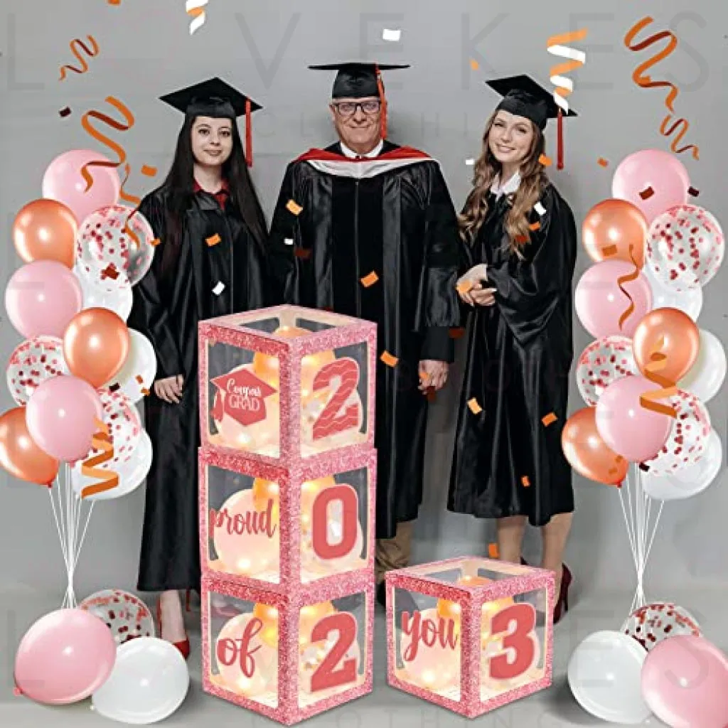 Graduation Box Decorations with Balloon and LED Light Strings Congrats 2023 Grad Party Supplies Proud of You Balloon Boxes for Class of 2023 School College Party Decor, 44 Pieces (Pink)