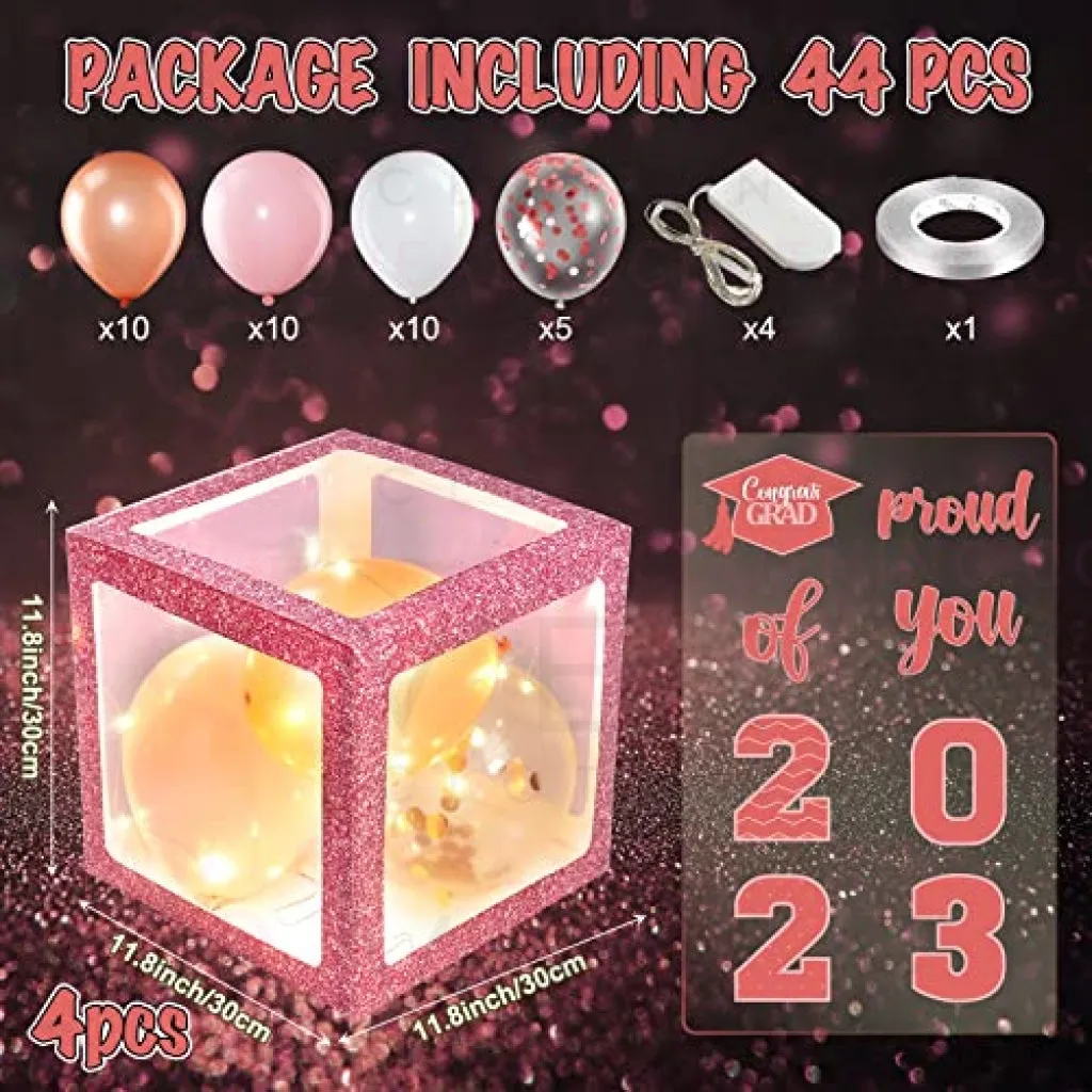 Graduation Box Decorations with Balloon and LED Light Strings Congrats 2023 Grad Party Supplies Proud of You Balloon Boxes for Class of 2023 School College Party Decor, 44 Pieces (Pink)