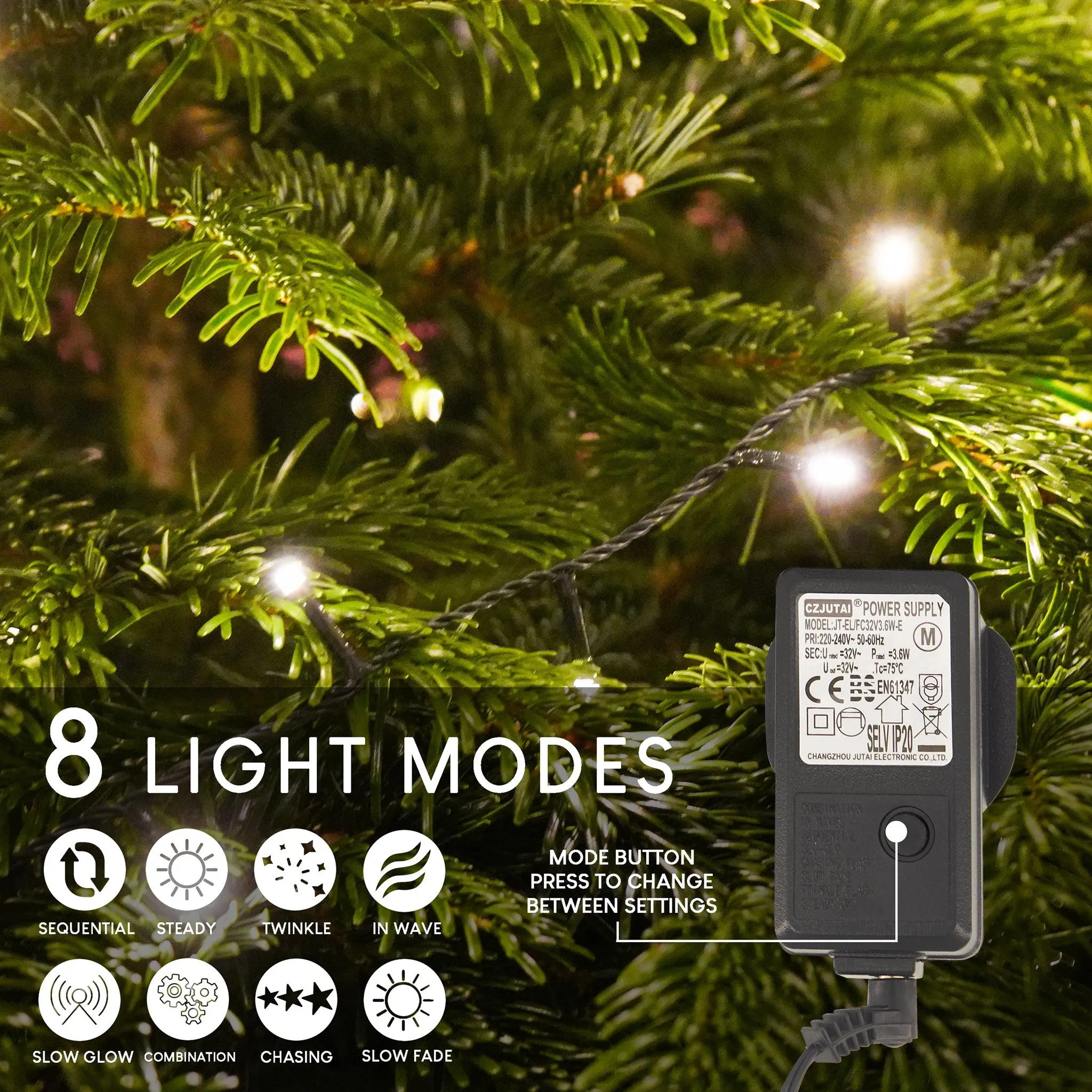 Indoor/Outdoor 8 Function LED Waterproof Fairy Lights with Green Cable (200 Lights - 18M Cable) - Warm White Lights