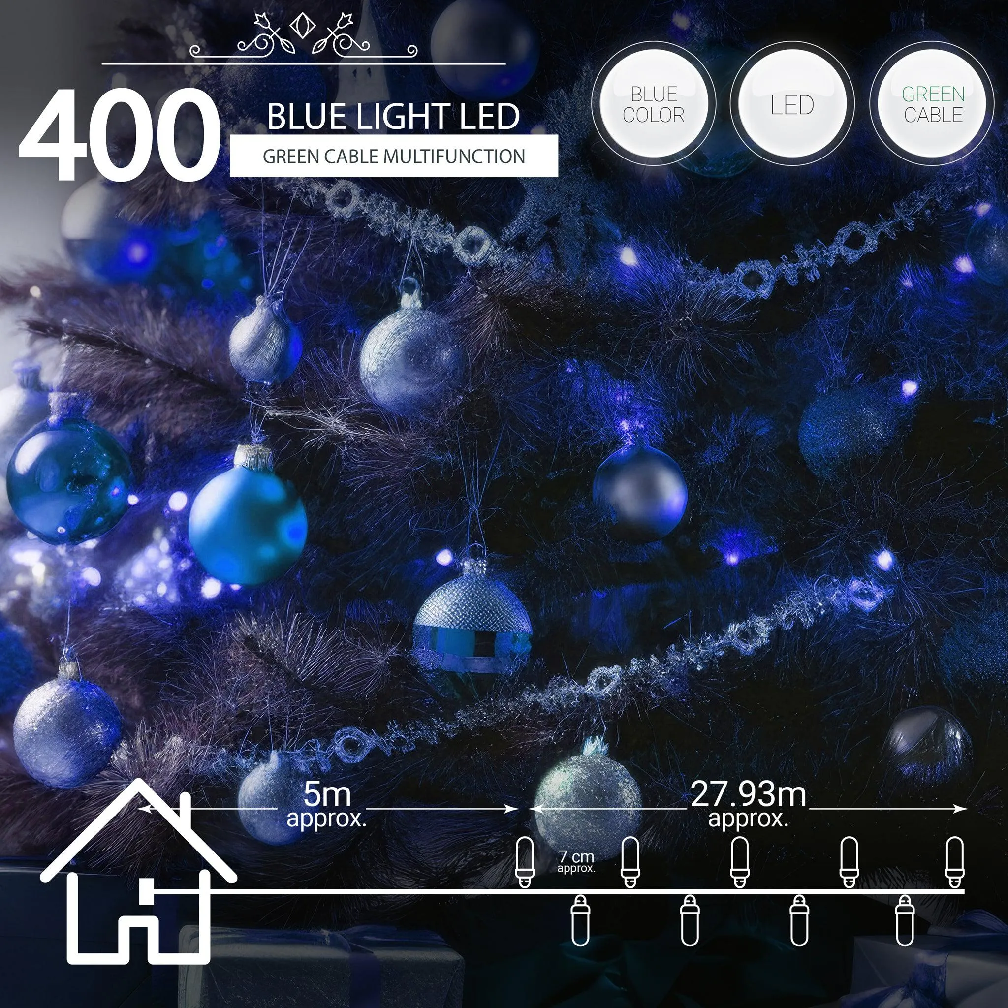 Indoor/Outdoor 8 Function LED Waterproof Fairy Lights with Green Cable (400 Lights - 32M Cable) - Blue Lights