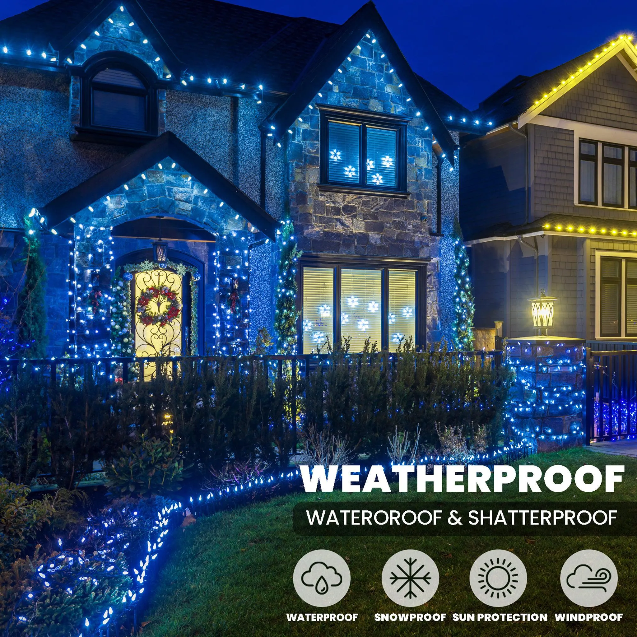 Indoor/Outdoor 8 Function LED Waterproof Fairy Lights with Green Cable (400 Lights - 32M Cable) - Blue Lights