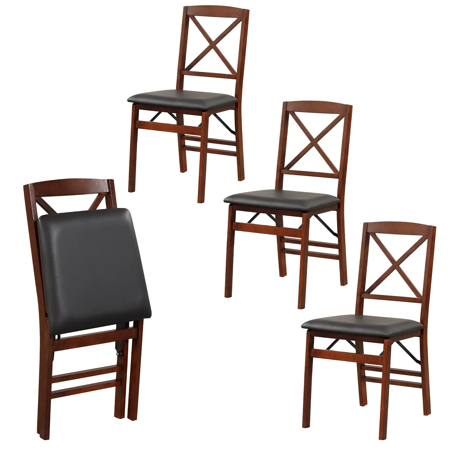 KOMFOTT Folding Dining Chairs Set of 2/4, Foldable Wood Chairs with PVC Padded Seat & High Backrest