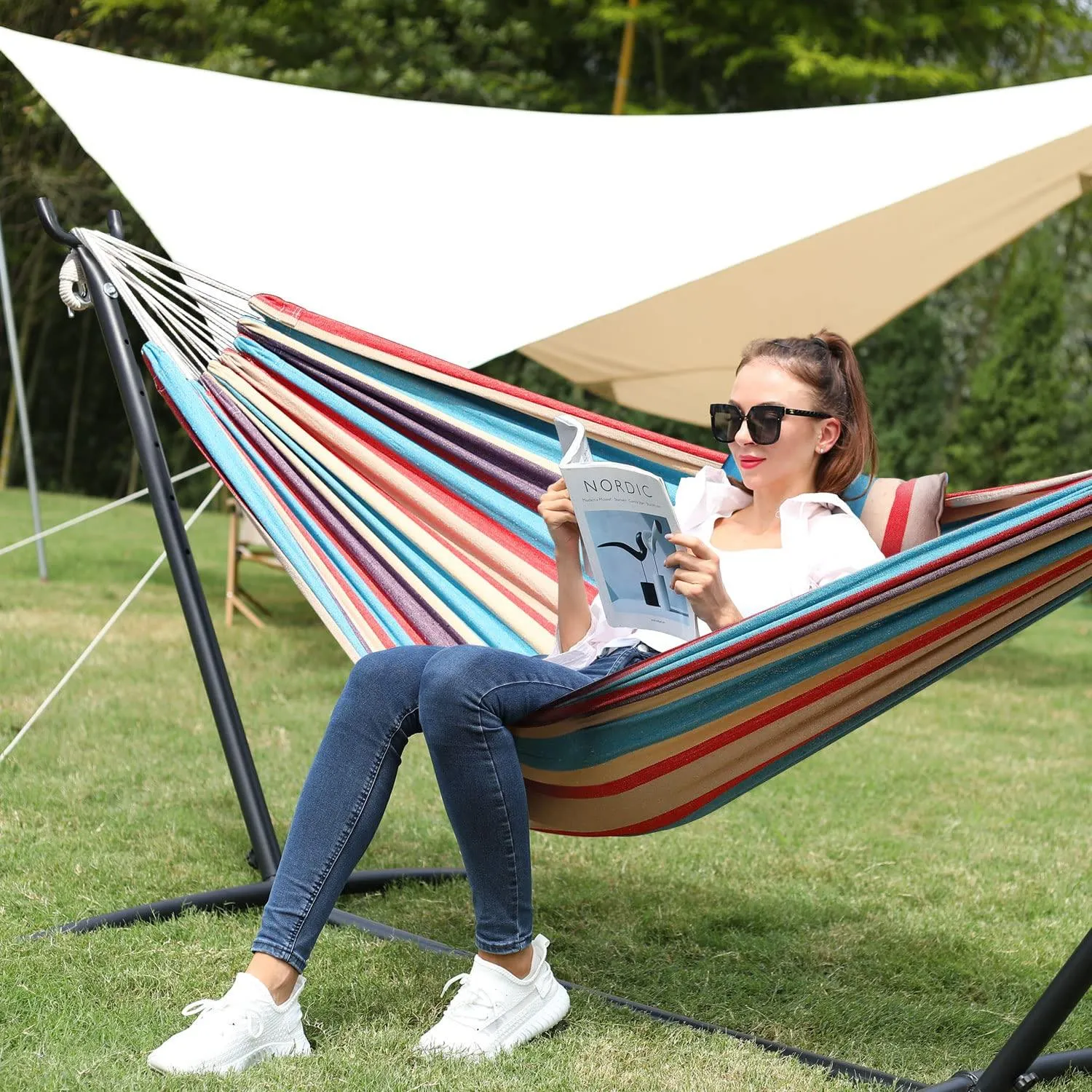 Ohuhu Double Hammock with Stand, Portable Camping Hammock, Holds Up to 450lbs, Use for Indoor/Outdoor, Gift Idea for Birthday