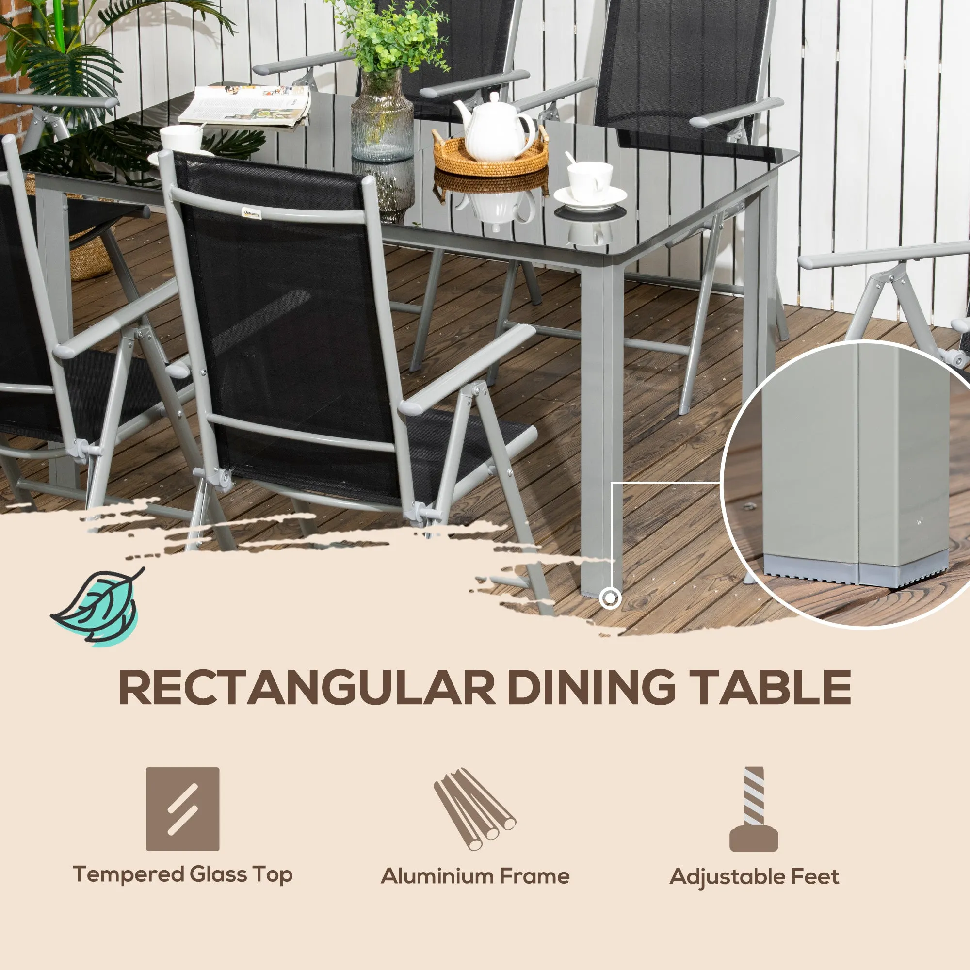 Outsunny 7 Piece Garden Dining Set, Outdoor Table and 6 Folding and Reclining Chairs, Aluminium Frame, Tempered Glass Top Table, Texteline Seats, Black