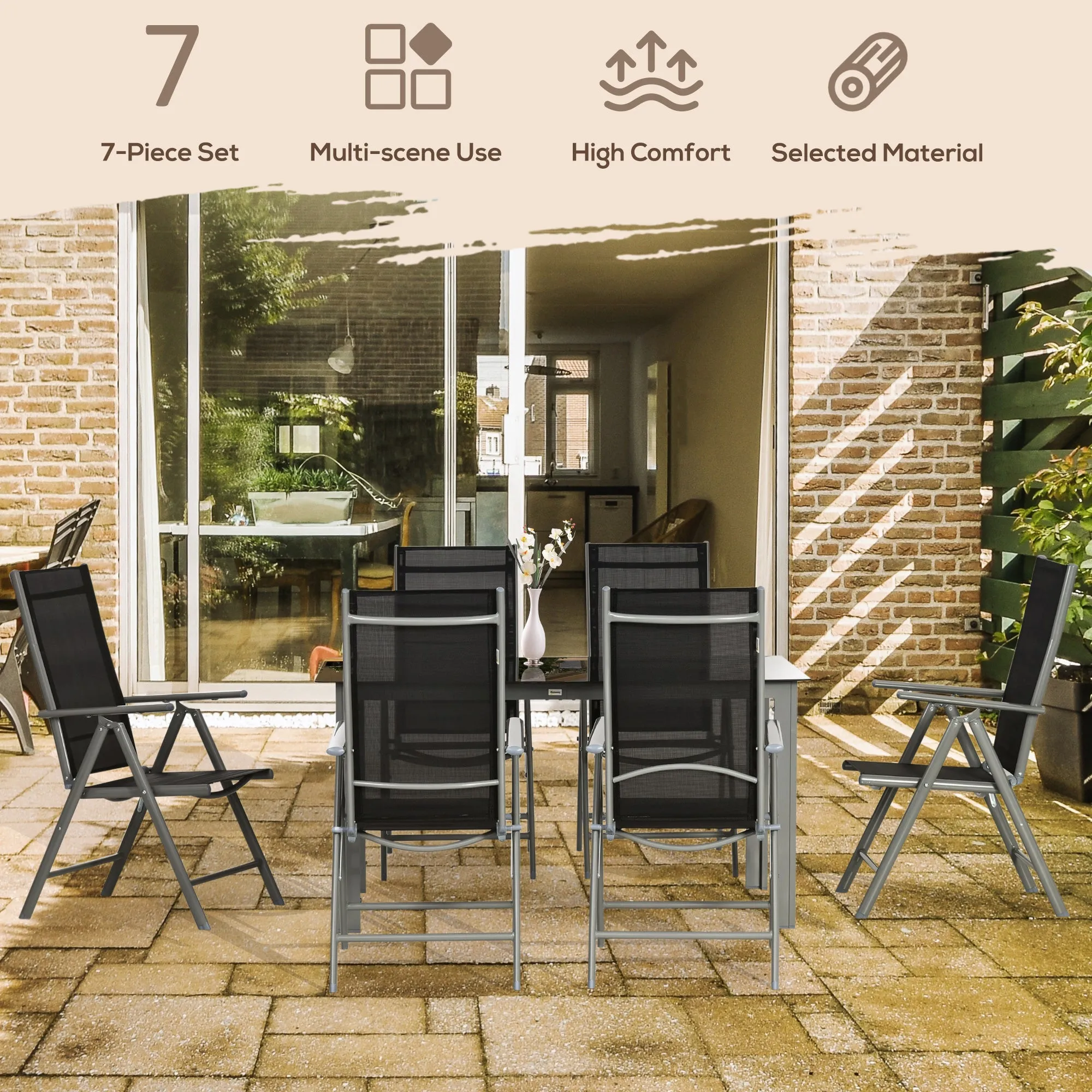 Outsunny 7 Piece Garden Dining Set, Outdoor Table and 6 Folding and Reclining Chairs, Aluminium Frame, Tempered Glass Top Table, Texteline Seats, Black