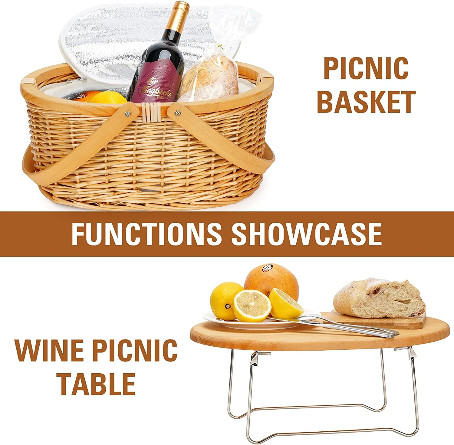 Picnic Basket Cooler with Portable Picnic Wine Table & Swing Handles