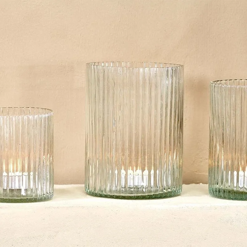 Ribbed Recycled Glass Candle or Tealight Holder - Three Sizes