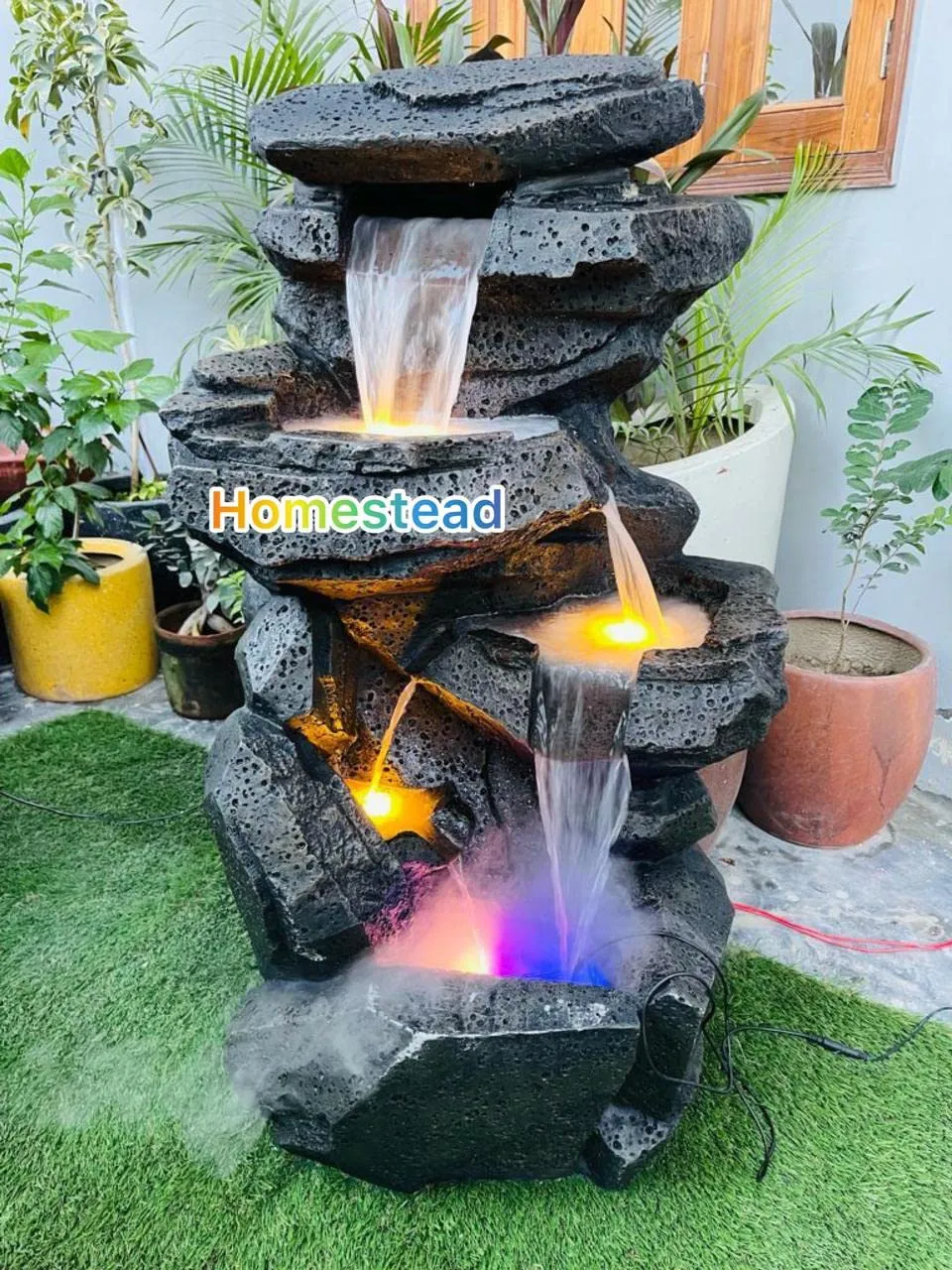 Tendence Decor Outdoor Rock Water Feature with LED Lights, Decorative Rock Design, Multiple Room Use Water Fountain Big Size Fiber 3.5 feet