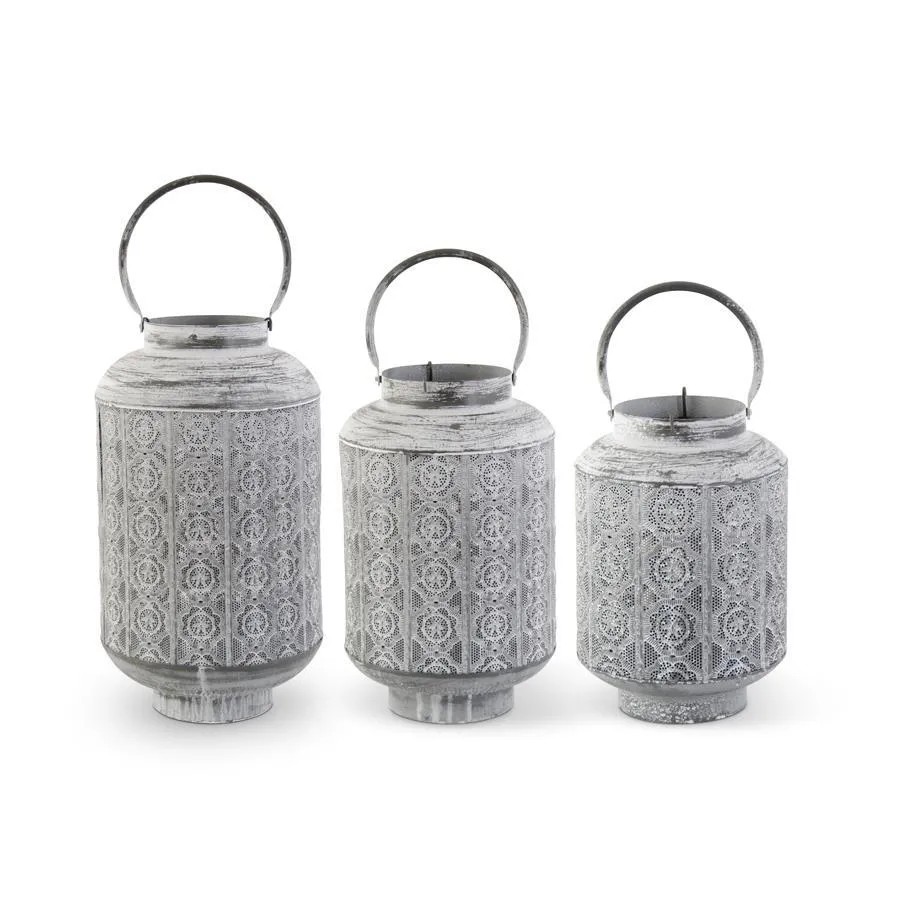 Whitewashed Medallion Punched Metal Lanterns w/Candle Lift